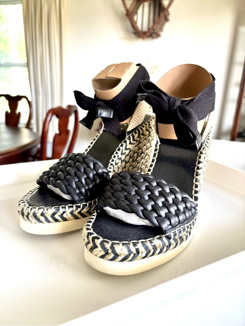 NEW Vince Camuto Black Braided Espadrille Wedge Sandals | Ankle Wrap | size 8